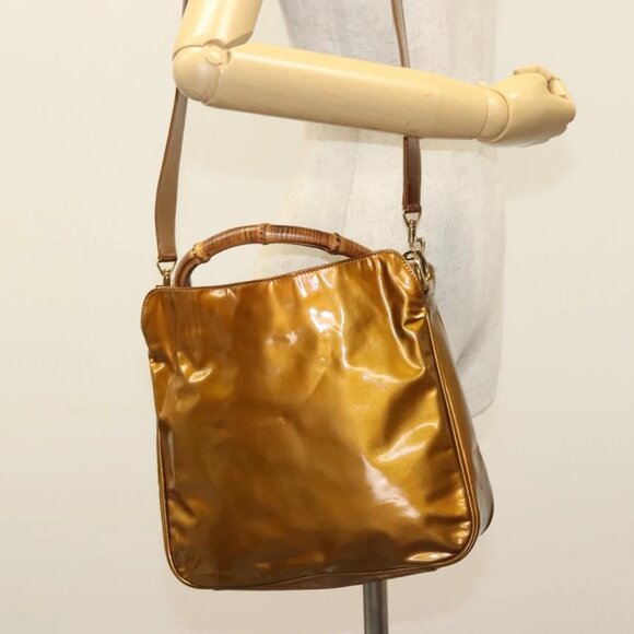 GUCCI Bamboo Hand Bag Patent Leather 2way Gold 001 1705 1638 Auth 138119 - Picture 1 of 16